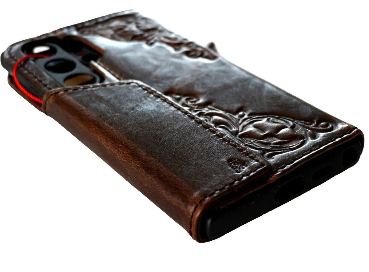 Dark brown genuine leather Samsung Galaxy S24 Ultra case by DAVISCASE with handmade book wallet design and magnetic rubber holder.