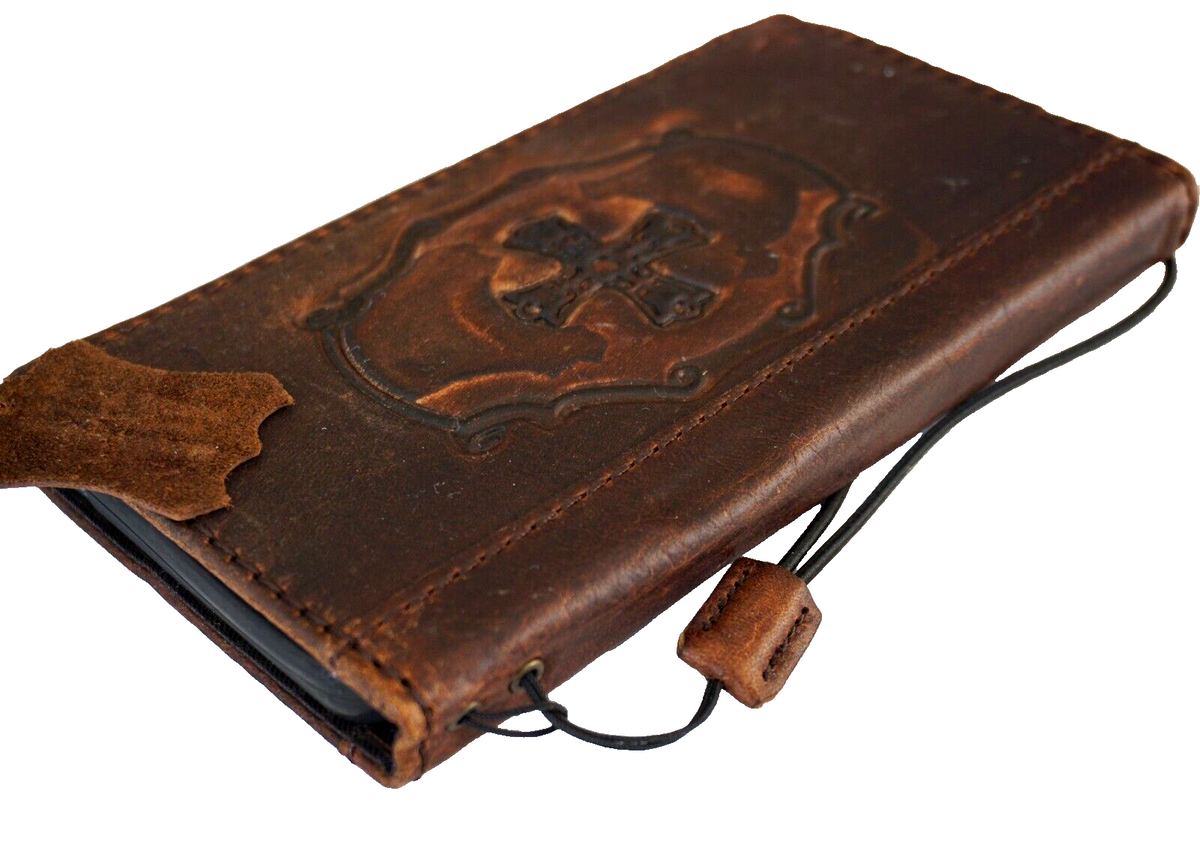 Handmade DAVISCASE leather phone case for iPhone models with cross of Jesus design, vintage style, credit card slots, full grain leather