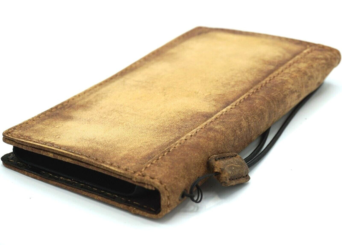 Handmade vintage leather phone case for Apple iPhone 12-16 Pro Max and SE, featuring a wallet-style design with art tan finish.