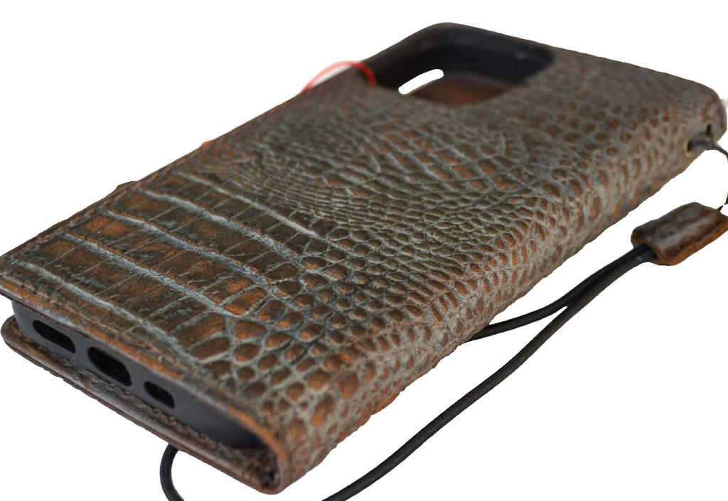 DavisCase genuine leather phone case for iPhone models 11 to 17, vintage crocodile style with credit card slots and wireless charging.