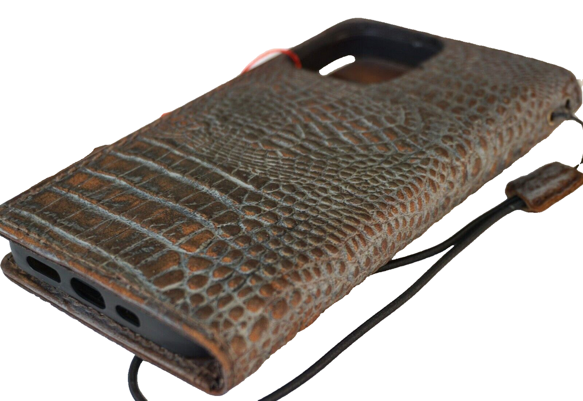DavisCase genuine leather phone case for iPhone models 11 to 17, vintage crocodile style with credit card slots and wireless charging.