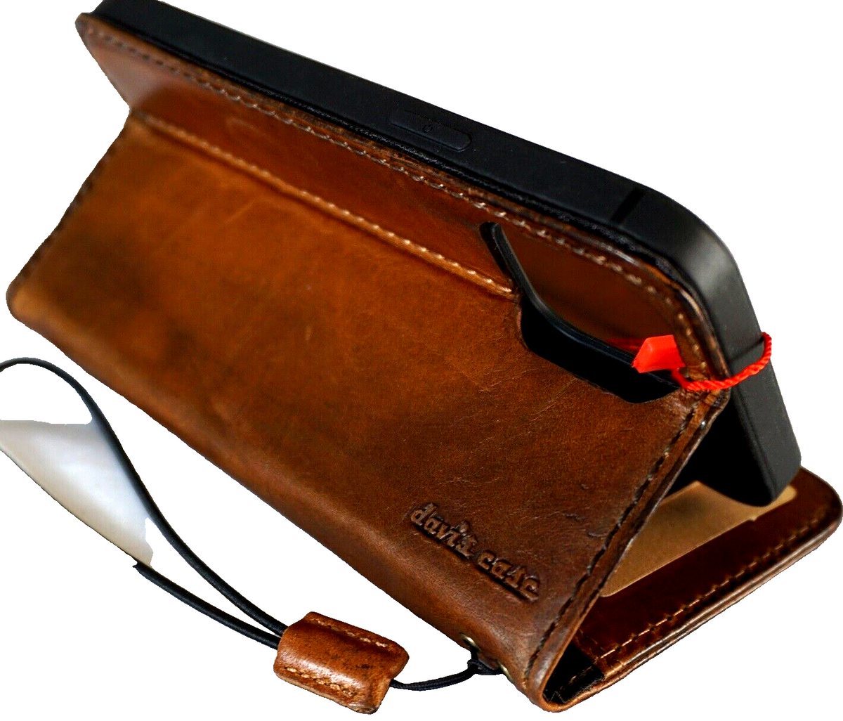 Handmade DAVISCASE genuine leather phone case with wallet, credit card slots, vintage Tree of Life design for iPhone 11-16 Pro Max.