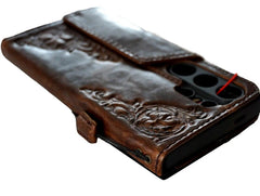 Genuine Leather Case for Samsung Galaxy S24 Ultra Book Wallet HandMade Rubber Holder Cover Wireless Charger Luxury Dark Brown Magnetic Ai