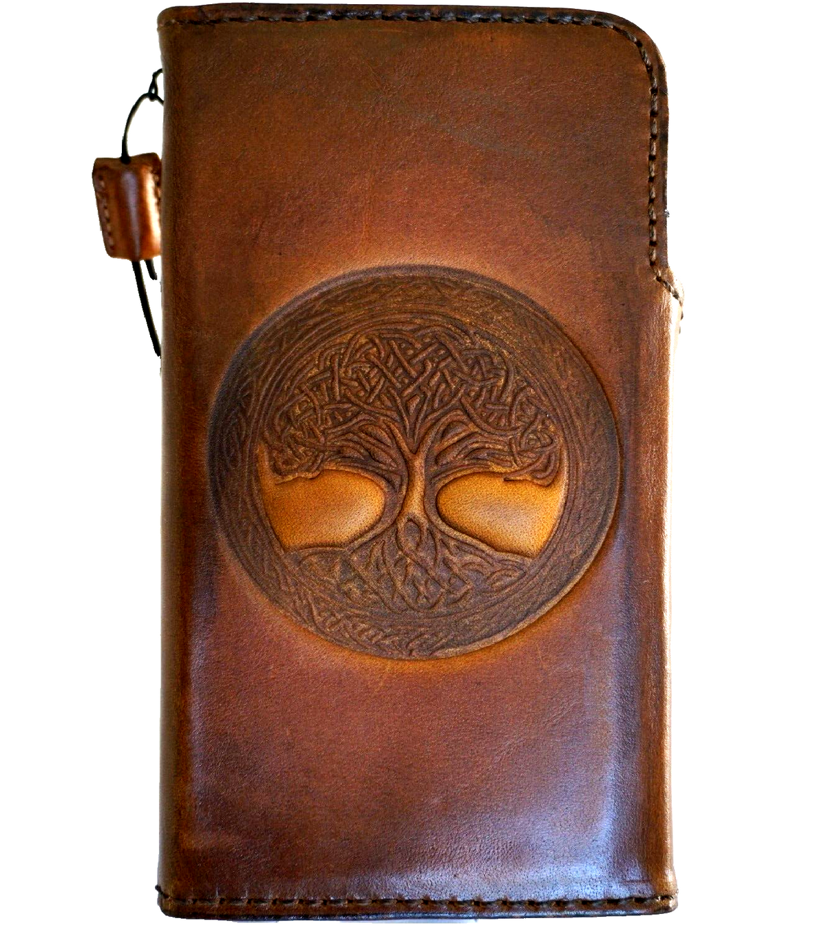 Handmade DAVISCASE leather phone case for iPhone 11-16 Pro Max with vintage tree of life design, credit card slots, full grain leather.