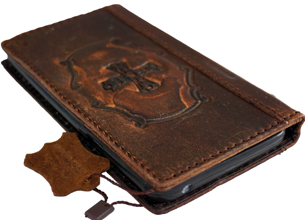 Genuine leather Google Pixel 7 Pro case with dark Davis 1948 design, Jesus cross embossing, wallet style, wireless charging compatible