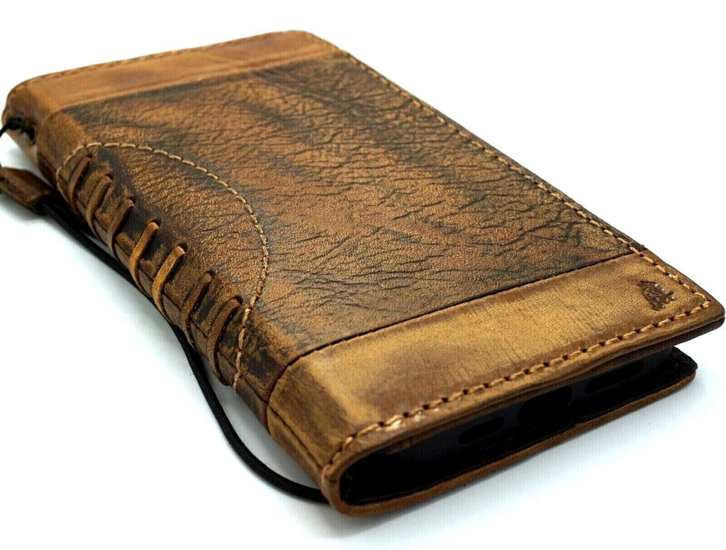 Handcrafted genuine leather wallet case for iPhone 11-15 Pro Max, with vintage style, credit card slots, and full grain leather.