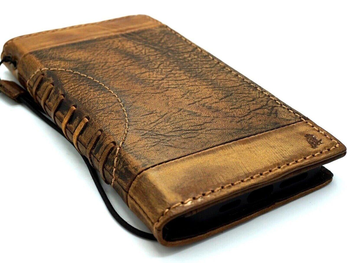 Handcrafted genuine leather wallet case for iPhone 11-15 Pro Max, with vintage style, credit card slots, and full grain leather.