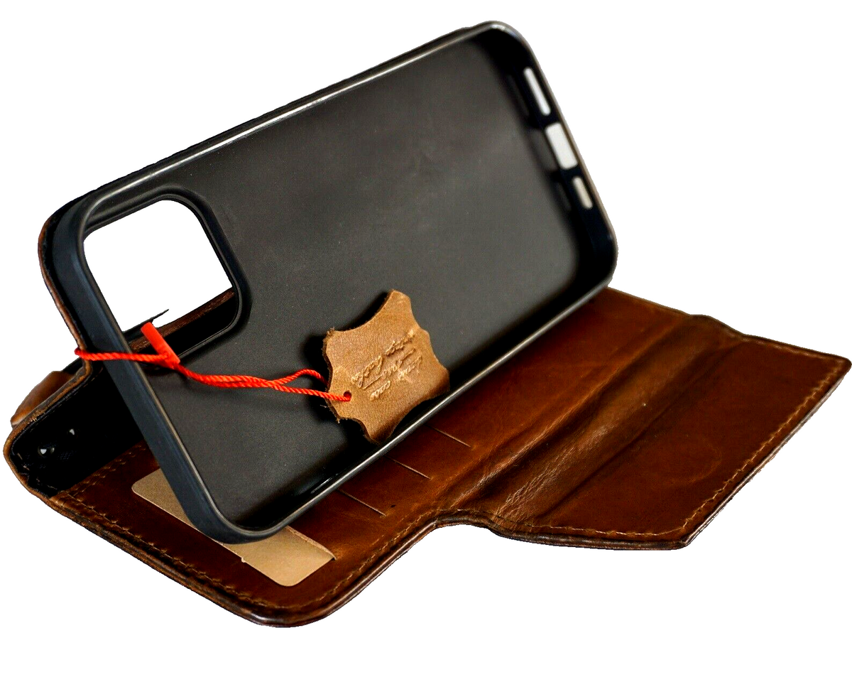 Handmade DAVISCASE genuine leather phone case with Tree of Life design, fits iPhone 11-16 Pro Max, with credit card slots, vintage style.