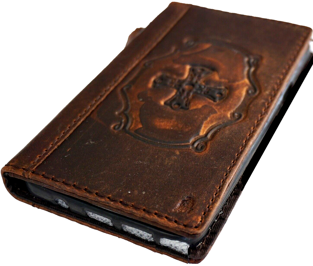 Handmade leather case for Apple iPhone 11-15 Pro Max, vintage-style wallet cover with cross of Jesus and credit card slots by DAVISCASE.