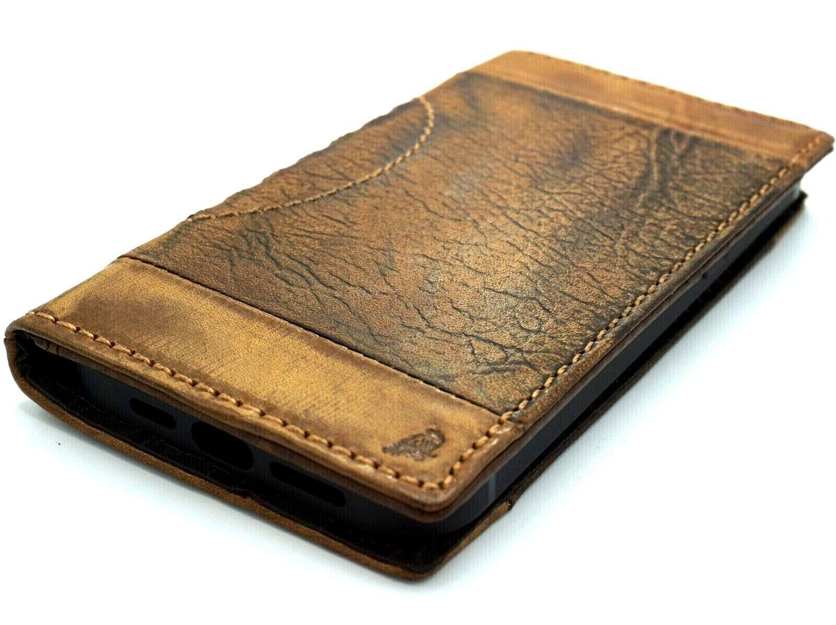 Handmade genuine leather phone case for iPhone 11-15 Pro Max by DAVISCASE, vintage style with credit card slots and full grain leather.