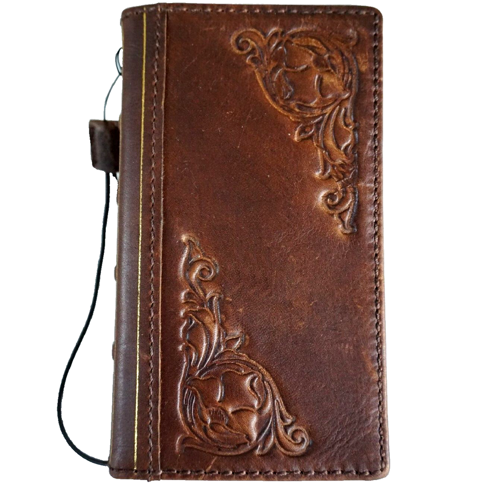 Handmade genuine leather phone case for OnePlus models, vintage open wallet style with full grain leather and intricate Davis Art design.