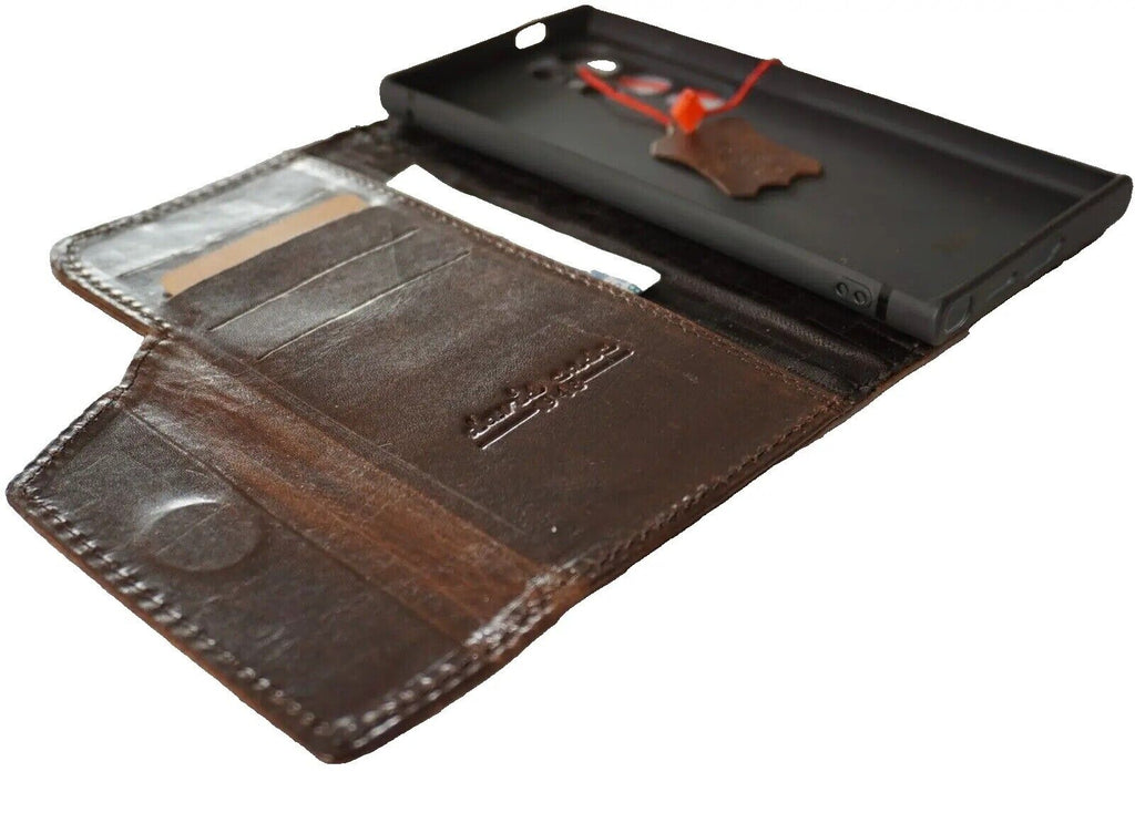 Dark brown genuine leather Samsung Galaxy S24 Ultra case with book wallet design, handmade by DAVISCASE, featuring magnetic closure.