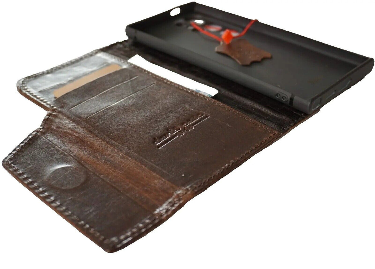 Dark brown genuine leather Samsung Galaxy S24 Ultra case with book wallet design, handmade by DAVISCASE, featuring magnetic closure.