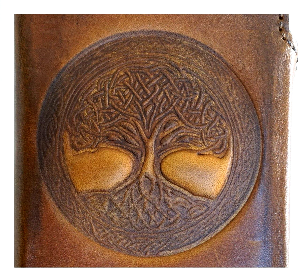 Genuine leather DAVISCASE wallet phone case for iPhone 11-16 Pro Max, vintage tree of life design with credit card slots and magnetic closure.