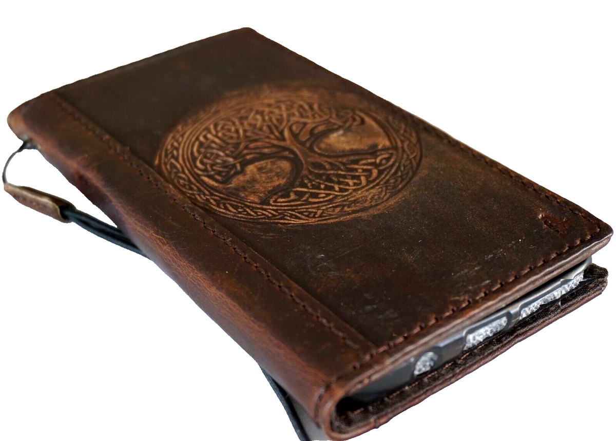Handmade genuine leather Galaxy Z Fold 8-7 wallet case with vintage Tree of Life design, credit card slots, and cover art by DAVISCASE.