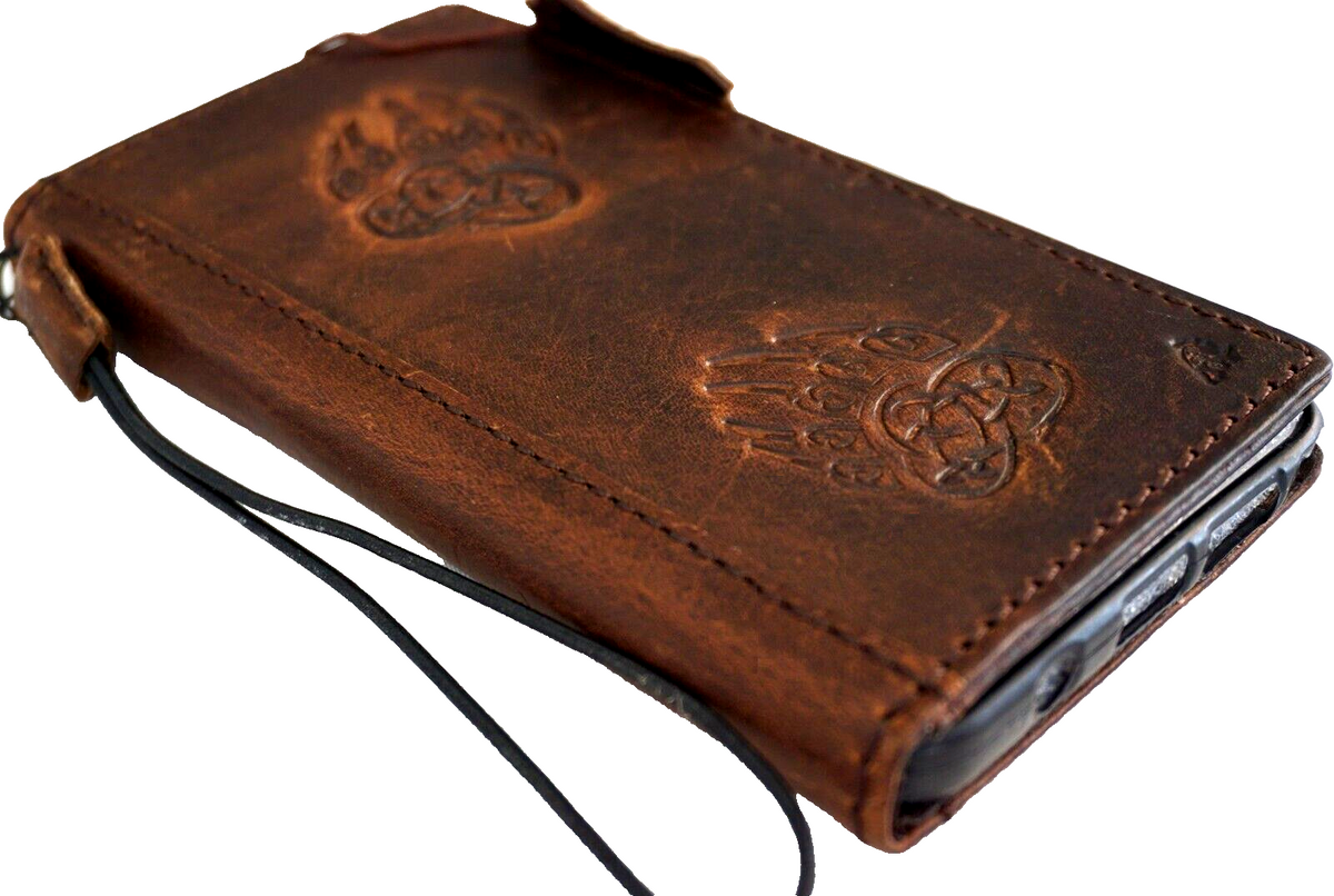 Handcrafted genuine leather phone case by DAVISCASE with bear paw design for iPhone 11-15 Pro Max, featuring credit card slots and vintage style.