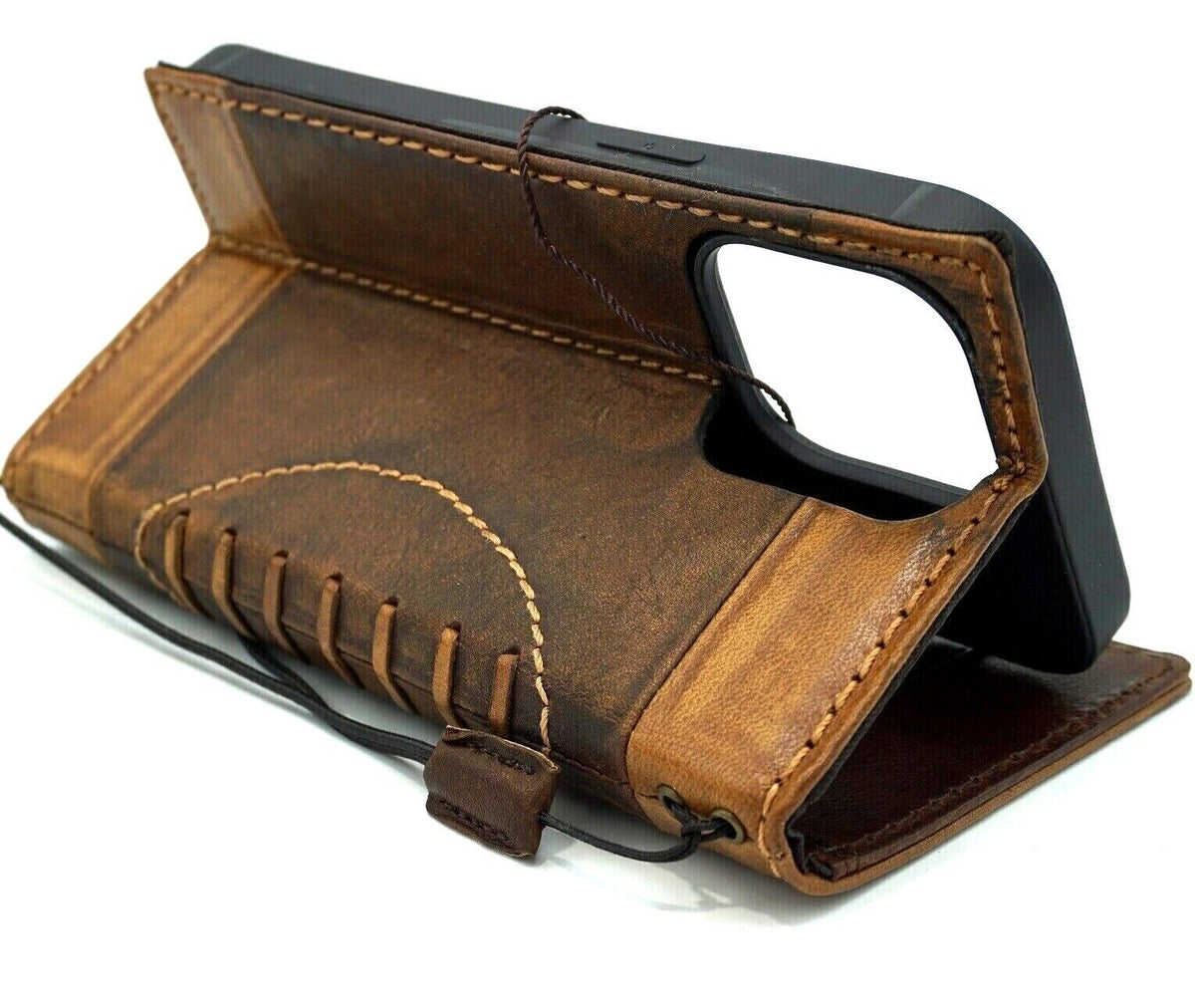 Handcrafted genuine leather wallet case for iPhone 11-15 Pro Max, with credit card slots, vintage style, and full grain leather by DAVISCASE.