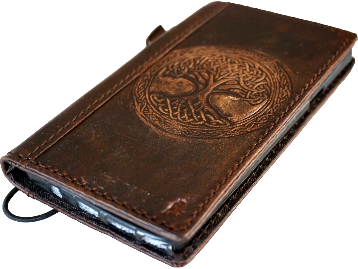 Handmade genuine leather Galaxy Z Fold 8-7 wallet case with vintage tree of life design, credit card slots, and cover art by DAVISCASE.