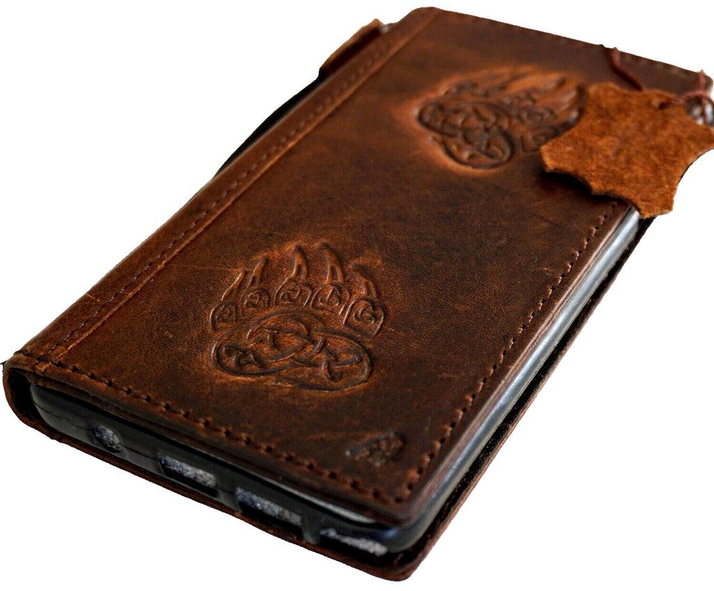 Handcrafted genuine leather wallet case for iPhone 11-15 Pro Max with vintage bear paw and cat dog stamping, credit card slots, full grain leather