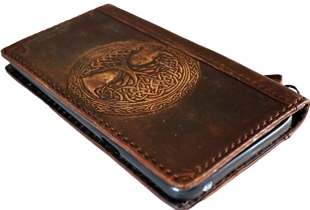 Genuine leather wallet book case for Galaxy Z Fold 3-7 with tree of life design, credit card slots, handmade by DAVISCASE.