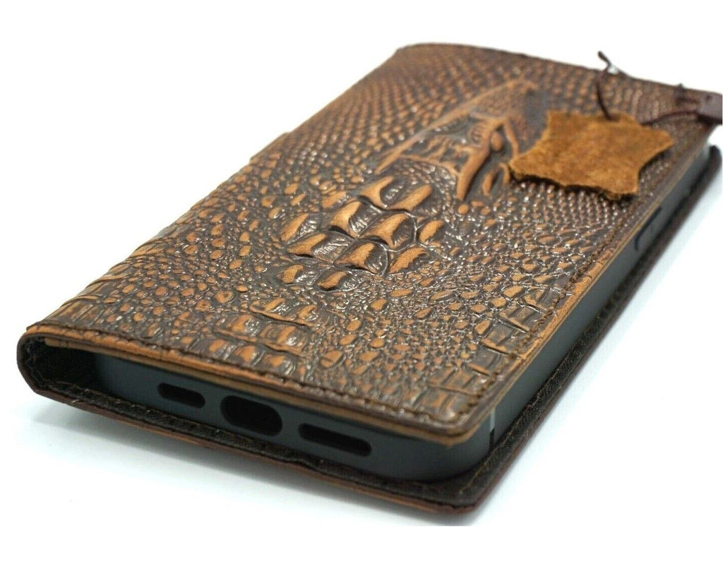 Handmade genuine leather phone case for iPhone models, DAVISCASE vintage crocodile style wallet cover with card slots.