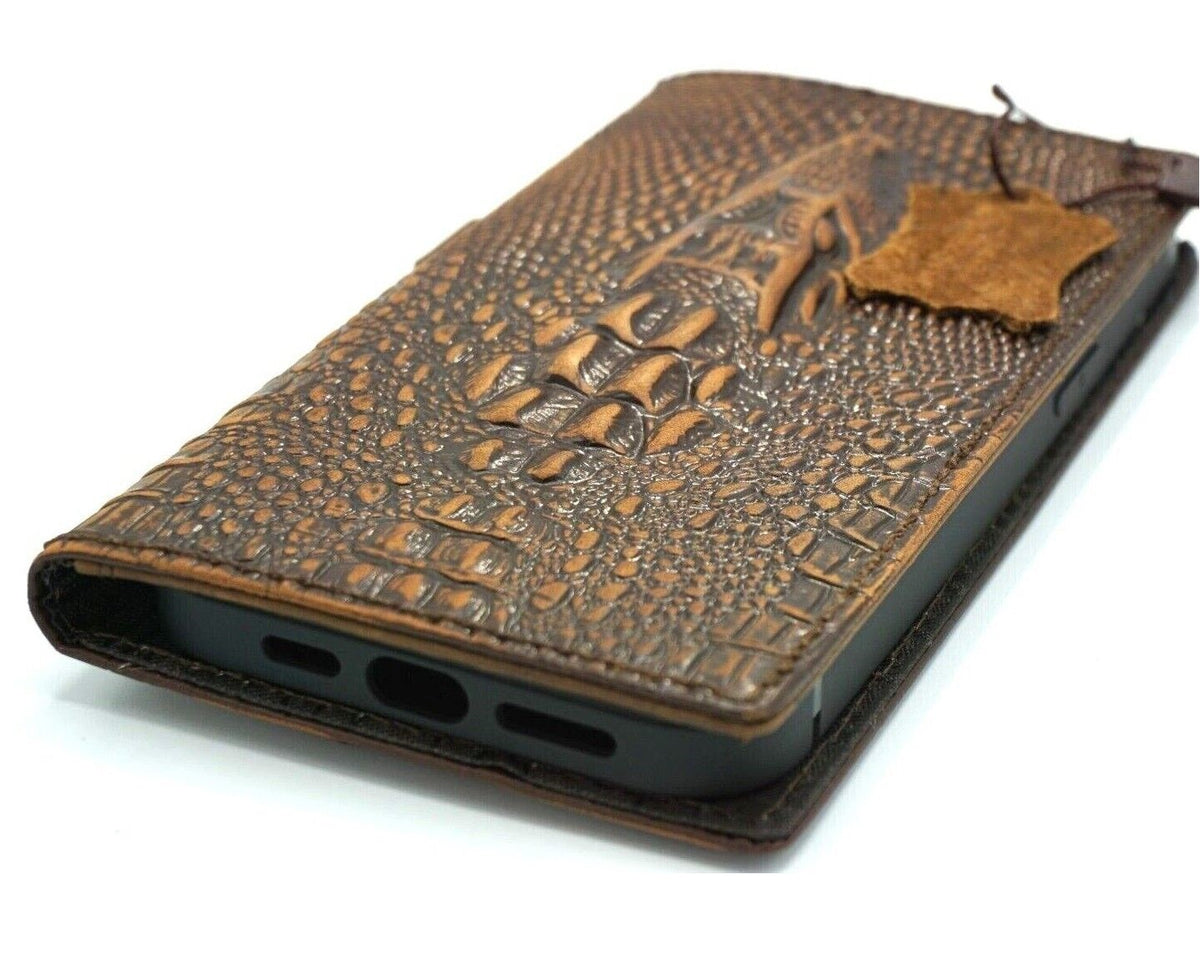 Handmade genuine leather phone case for iPhone models, DAVISCASE vintage crocodile style wallet cover with card slots.