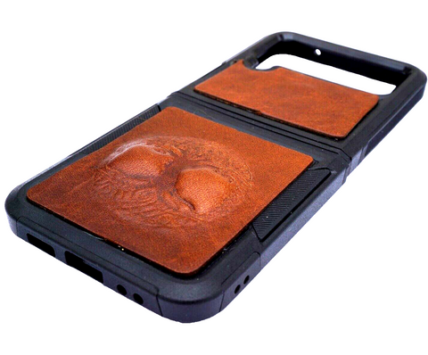 Étui en cuir véritable pour Galaxy Z Fold 3 4 5, portefeuille artistique, couverture rustique Vintage, sans fil, fait à la main, luxe, bricolage, Mini arbre de vie