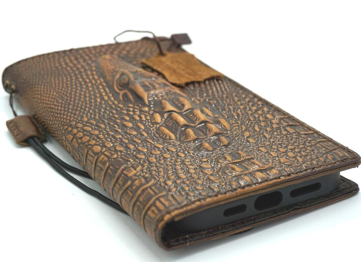 Handmade genuine leather wallet phone case for Samsung Galaxy Z Fold and S series, with vintage crocodile polish by DAVISCASE.