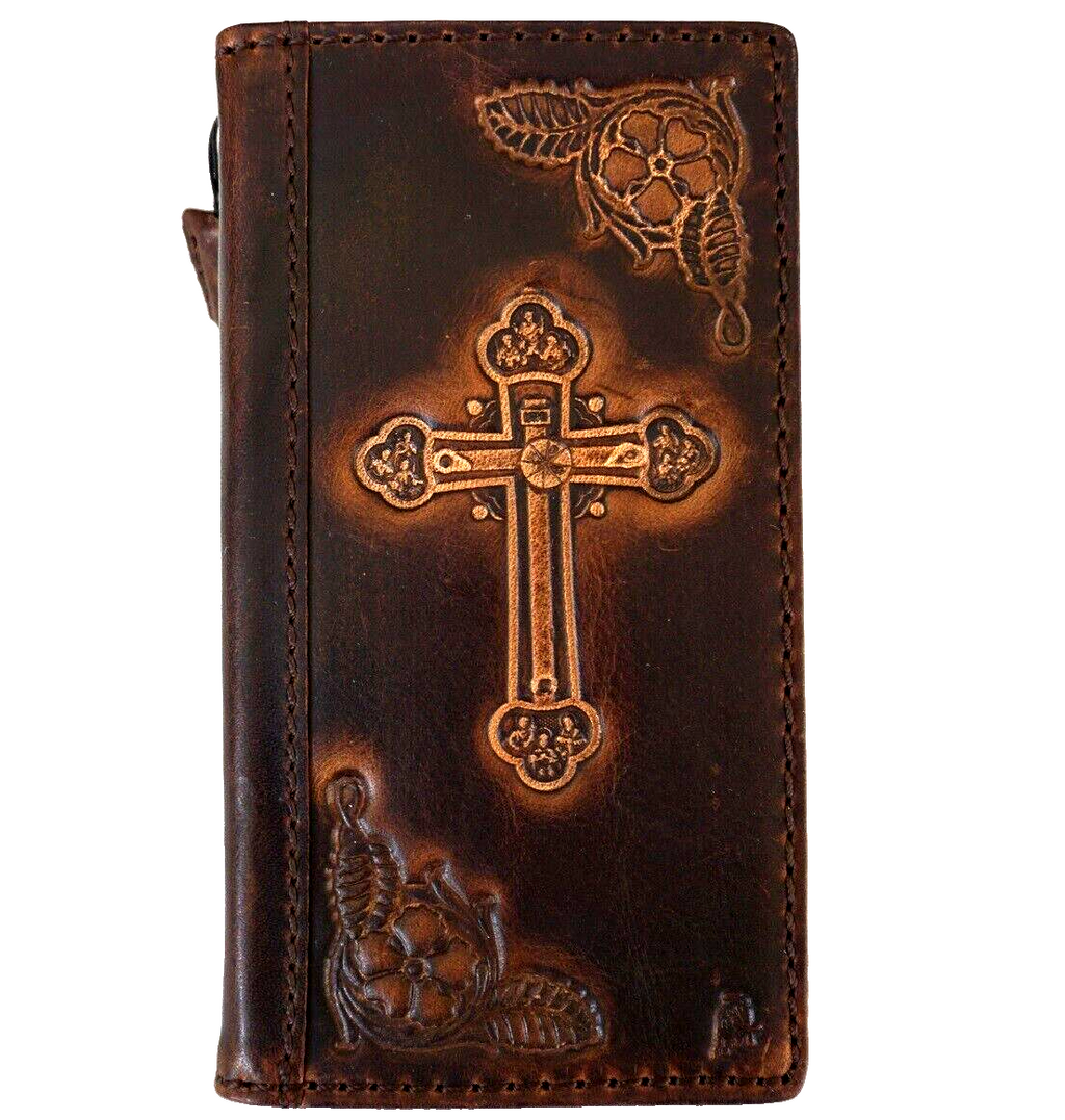 Handmade genuine leather phone case for iPhone 11-15 Pro Max, vintage style, with credit card slots, featuring a cross of Jesus design.