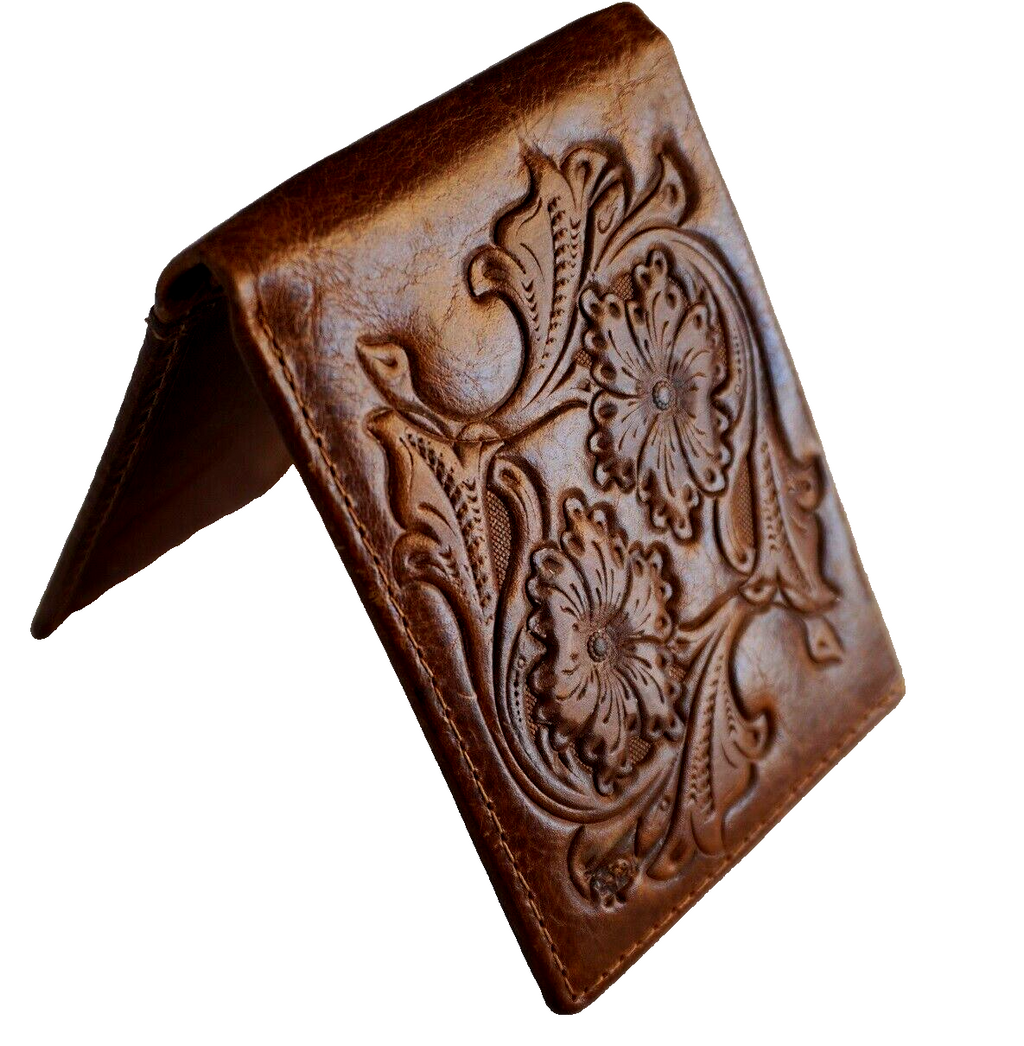Men's genuine leather wallet by DAVISCASE with credit card slots, bill compartment, handmade tan design, and hand-decorated details.