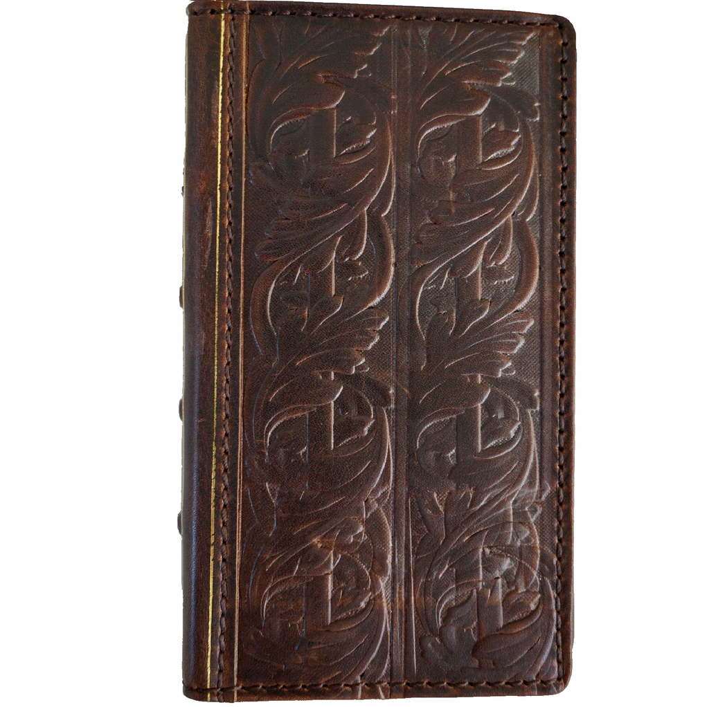 Handmade genuine leather phone case for Samsung Galaxy S24, S25, S22, Note 20, Z Fold 4, with wallet and vintage Bible book design.