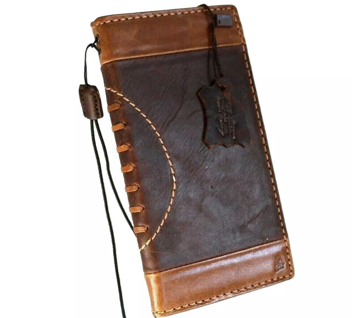 Handmade genuine leather phone case for Apple iPhone 12 Pro Max with book design, vintage football details, and credit card slots by DAVISCASE.