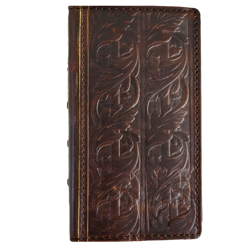 Handmade genuine leather phone case for iPhone models with Bible craft design, by DAVISCASE, featuring a wallet-style cover.