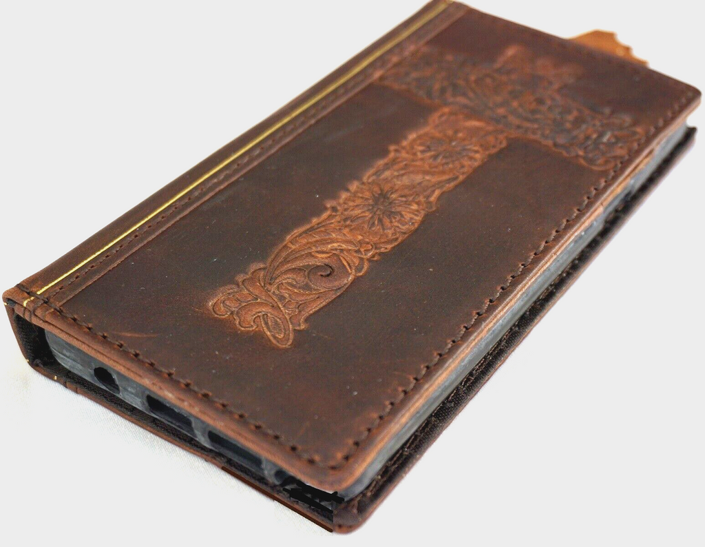 Handmade genuine leather phone case for iPhone 12-16 Pro Max, with Christian cross design and Bible-inspired style by DAVISCASE.