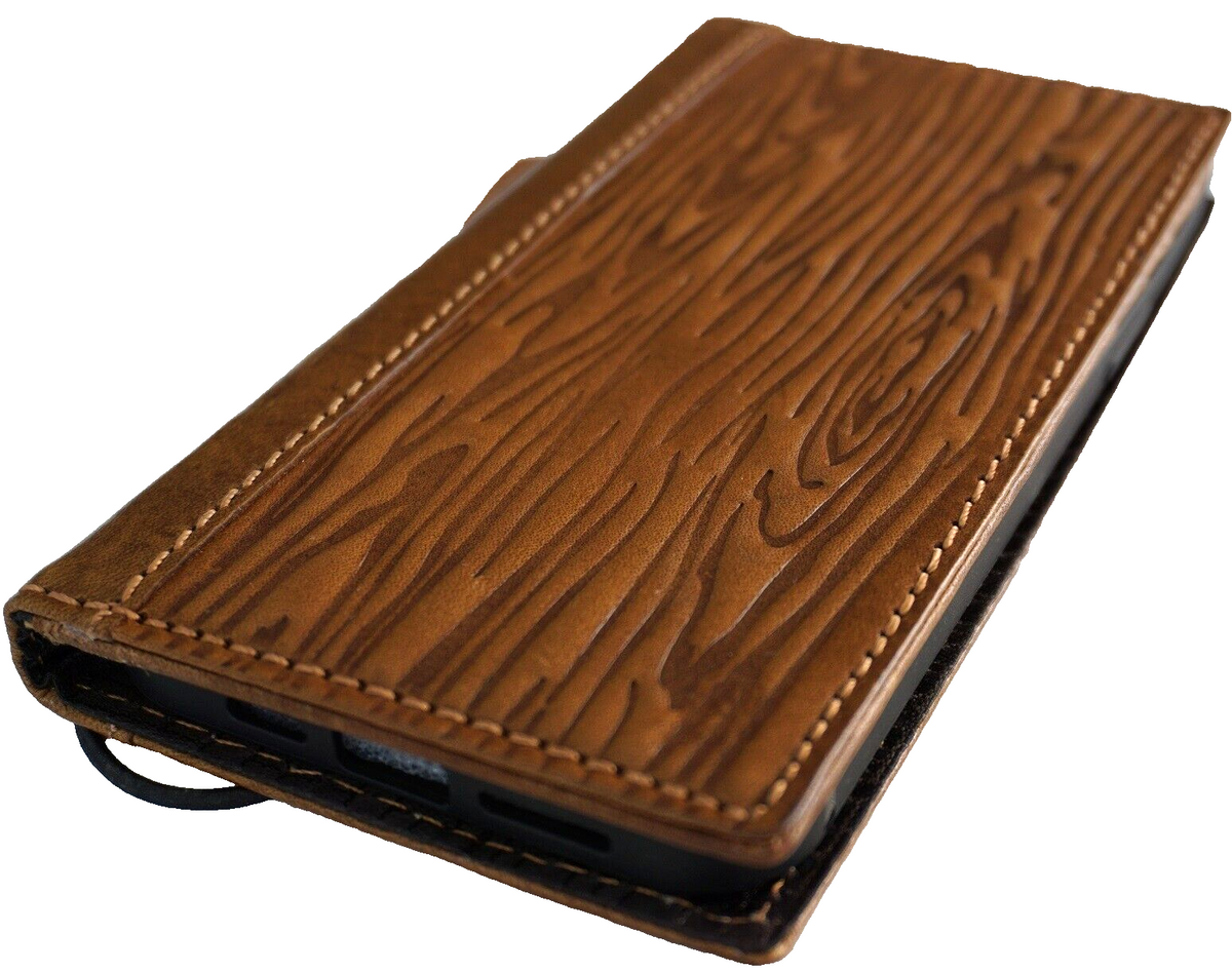 Handmade leather phone case for iPhone models, vintage tan wood craft design with credit card slots, full grain leather, DAVISCASE.