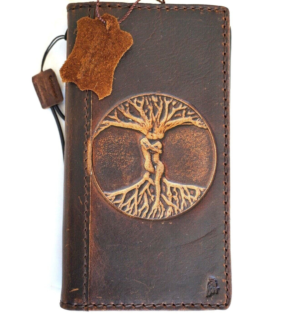 Handmade genuine leather phone case for iPhone 12-16 Pro Max and SE, featuring a Tree of Life design by DAVISCASE.