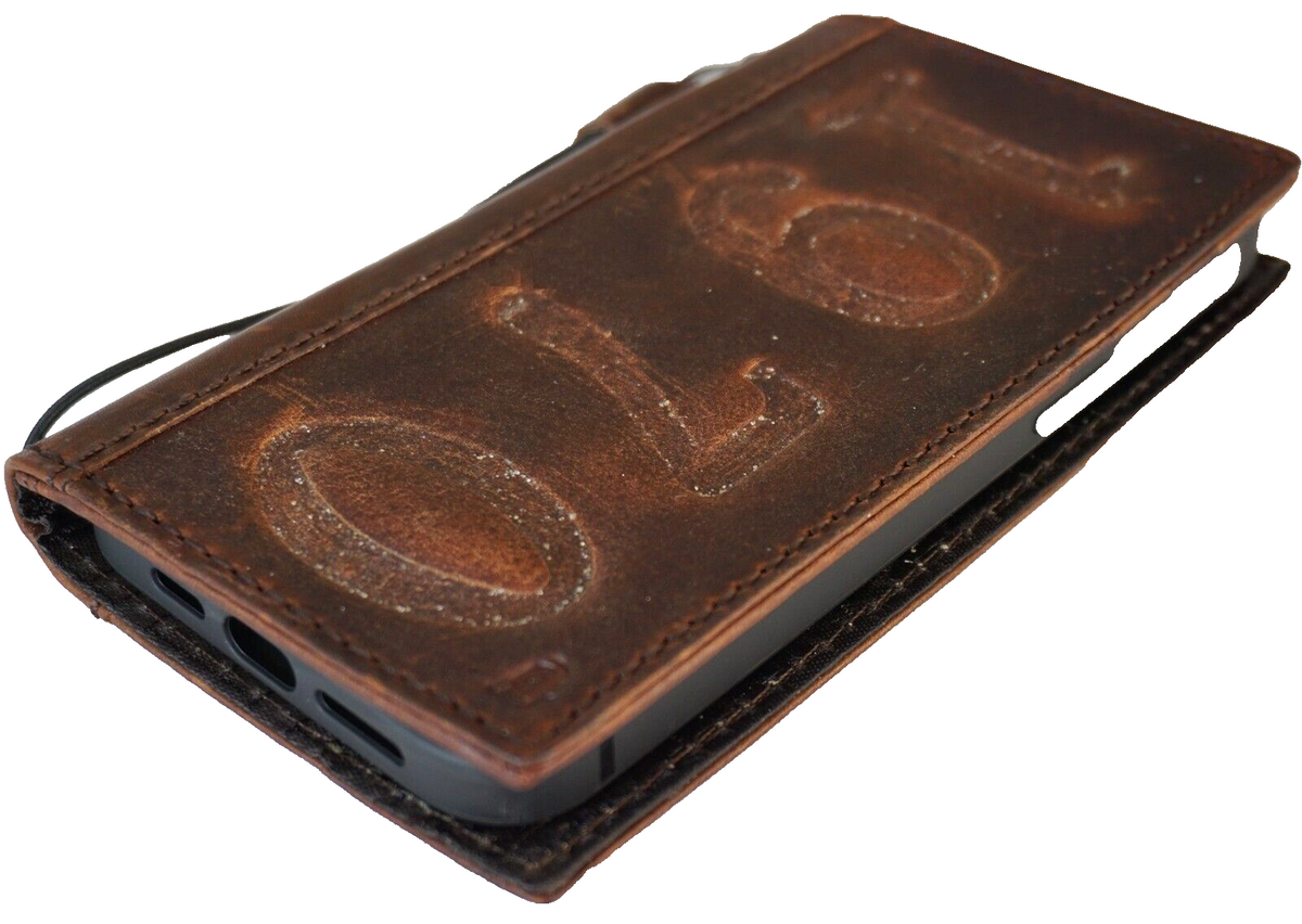 Handcrafted genuine leather wallet case for iPhone 11-15 Pro Max, with credit card slots, vintage style, and tiger stamping by DAVISCASE.