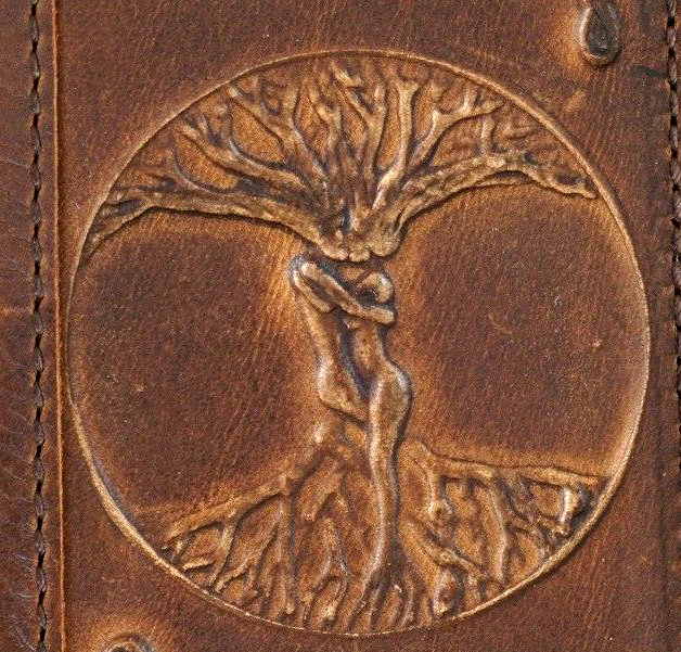 Genuine leather Google Pixel Fold case by DAVISCASE featuring Tree of Life Adam and Eve design, wallet style with stand and wireless charging.