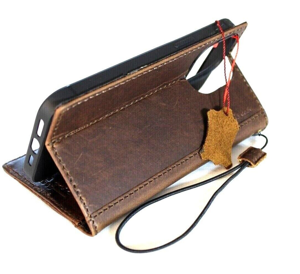 Handmade genuine leather phone case for iPhone 11-15 Pro Max, vintage style with cross of Jesus and credit card slots.