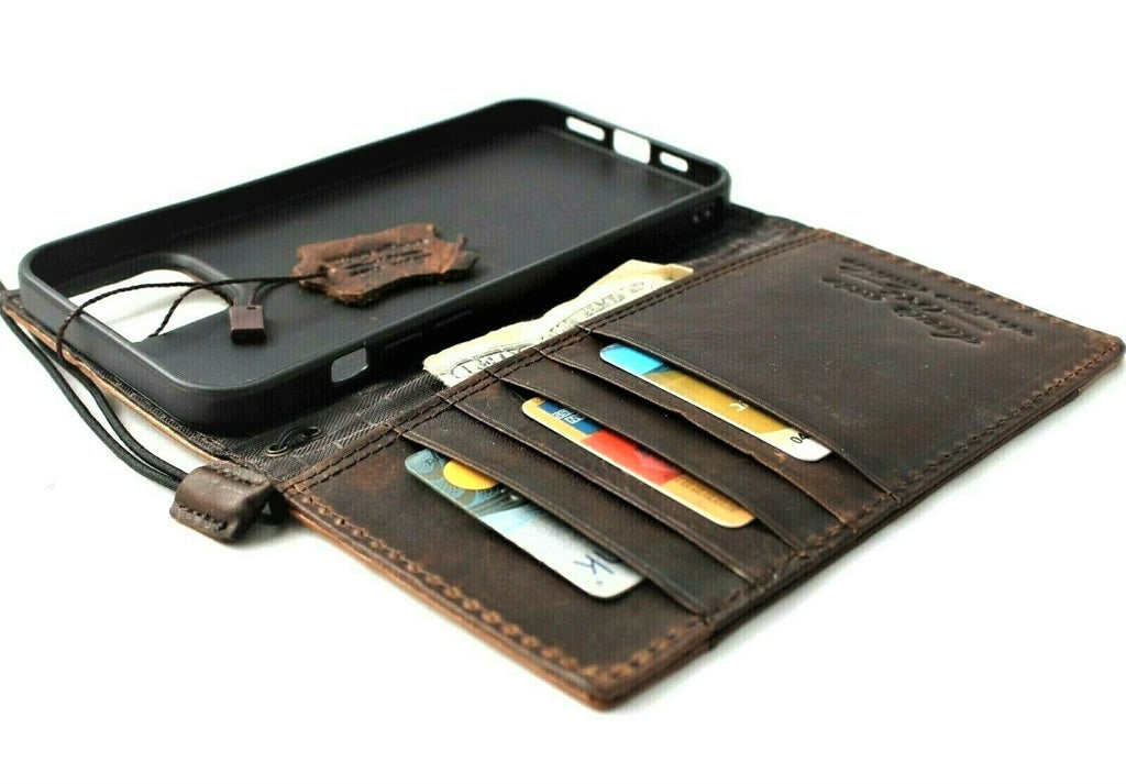 Handmade genuine leather phone case for iPhone and Samsung models, vintage style with card slots and full grain leather.