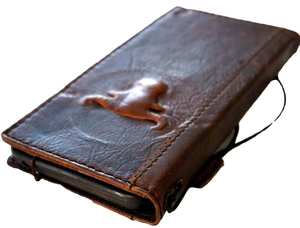 Handmade genuine leather phone case for iPhone 11-15 Pro Max, vintage tan style with credit card slots, crafted by DAVISCASE.