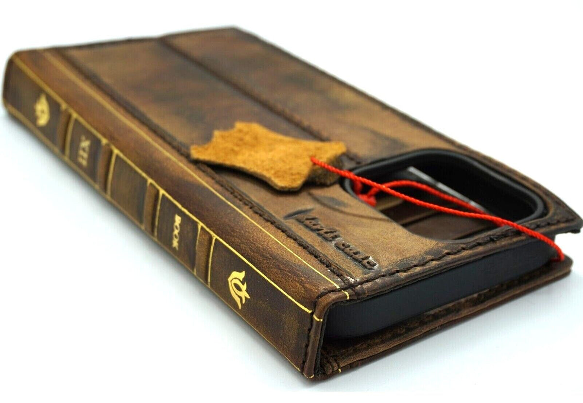 Handmade genuine leather phone case for iPhone 12 to 17 Pro Max by DAVISCASE, featuring a Bible crafts wallet design.