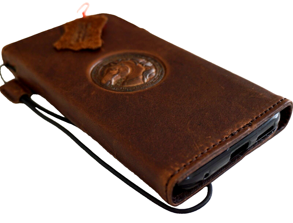 Handmade genuine leather phone case for iPhone 12-16 Pro Max, wallet style with horse design, by DAVISCASE.