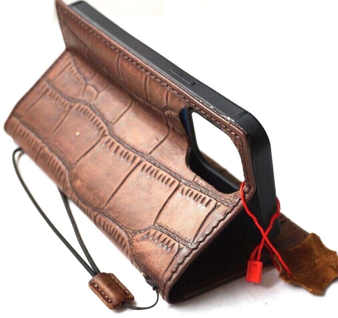 Leather phone case by DAVISCASE for iPhone 17, 11, 12, 13, 14, 15, 16 Pro Max, Air 7, 8 Plus with crocodile style, credit card slots