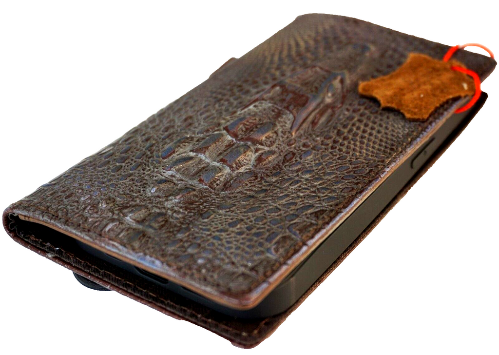 Handmade DAVISCASE genuine leather phone case for iPhone models with vintage crocodile style, credit card slots, and full grain leather design.
