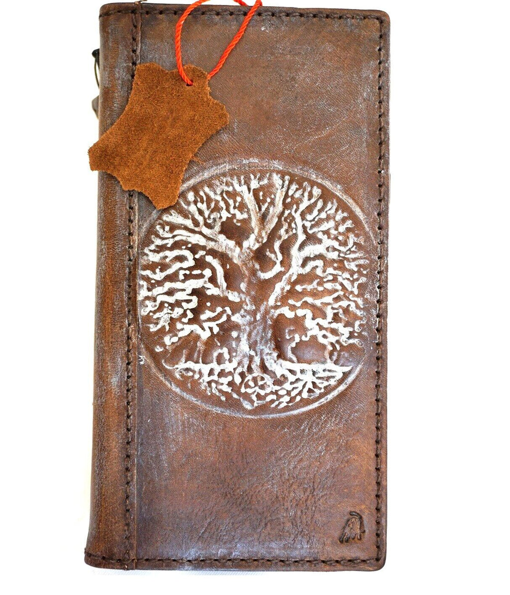 Handmade genuine leather phone case for iPhone 12-16 Pro Max, SE, XS with vintage Tree of Life design, crafted by DAVISCASE.