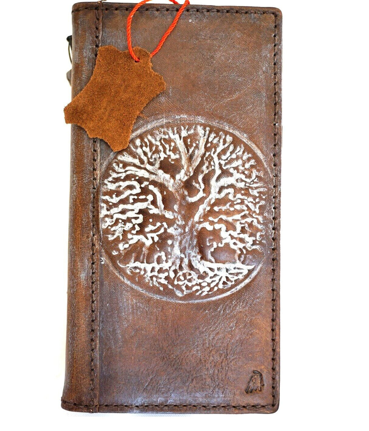 Handmade genuine leather phone case for iPhone 12-16 Pro Max, SE, XS with vintage Tree of Life design, crafted by DAVISCASE.