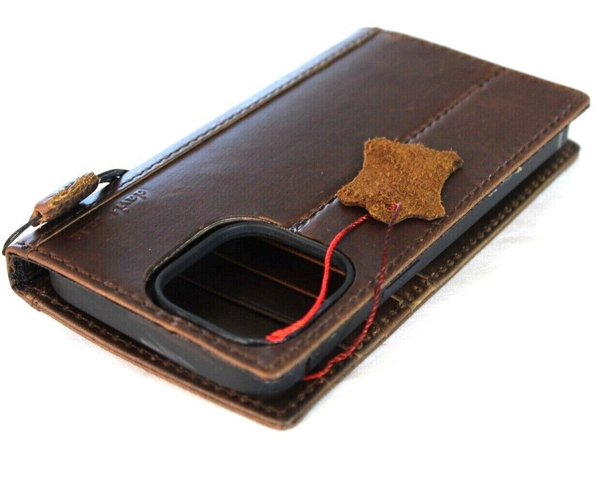 Handcrafted genuine leather phone case for Apple iPhone 11-15 Pro Max, vintage style with card slots and Jewish Mezuzah cover by DAVISCASE
