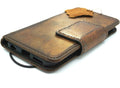 Handmade genuine leather phone case for Apple iPhone models, featuring a magnetic retro art design and wallet-style functionality.