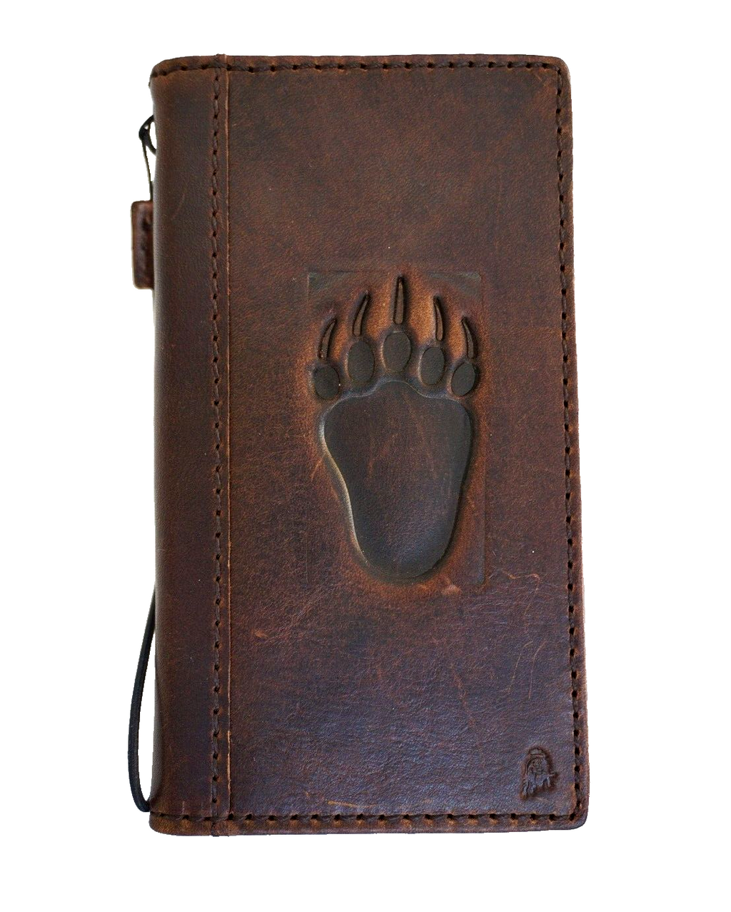 Genuine leather phone case by DAVISCASE for iPhone 11-15 Pro Max, vintage handcrafted wallet style with credit card slots and bear paw design.
